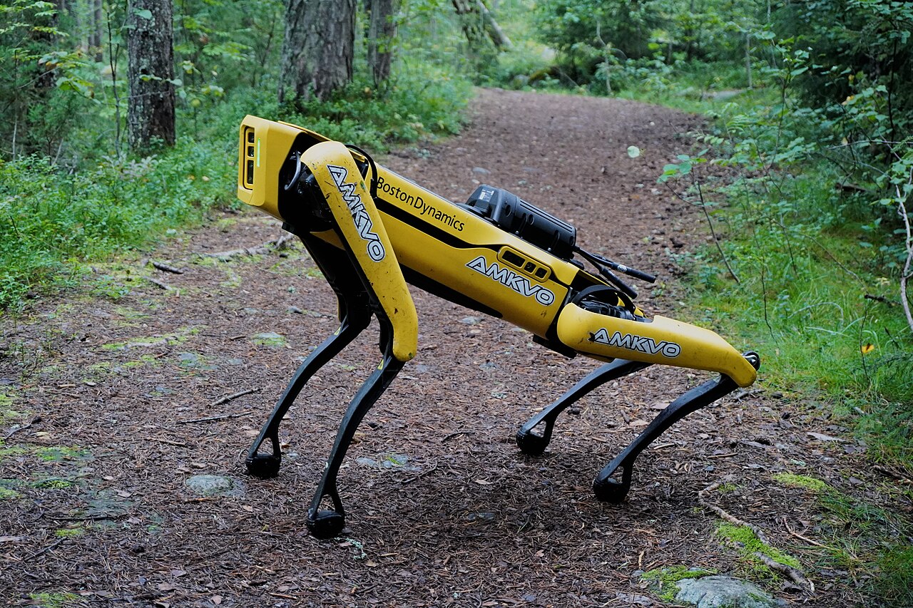 Boston Dynamics Spot 机器人在户外林间小路上